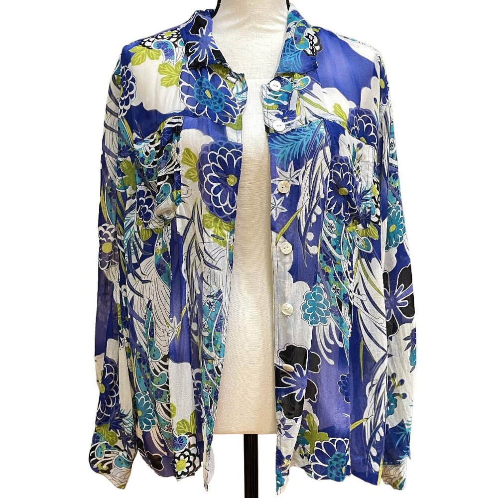 CHICO’S Vintage Silk Chiffon Long Sleeve Top Blouse Blue Green White Sz 3 NWOT